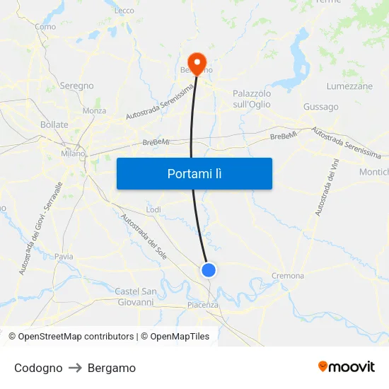Codogno to Bergamo map