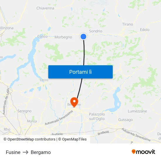 Fusine to Bergamo map