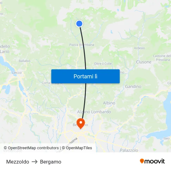 Mezzoldo to Bergamo map