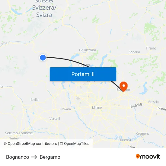 Bognanco to Bergamo map