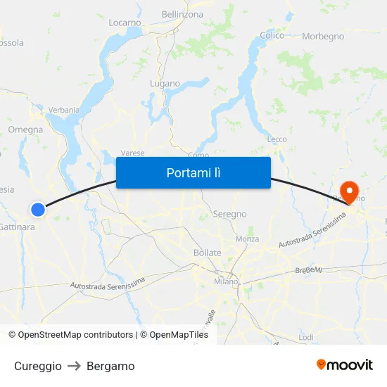 Cureggio to Bergamo map