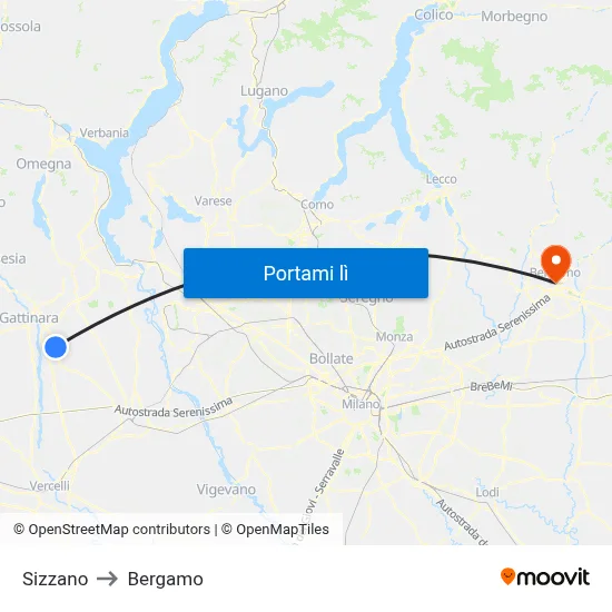 Sizzano to Bergamo map
