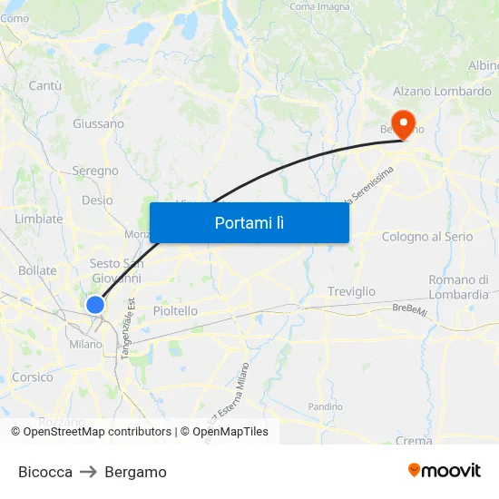 Bicocca to Bergamo map