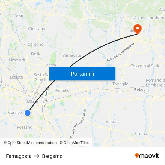Famagosta to Bergamo map