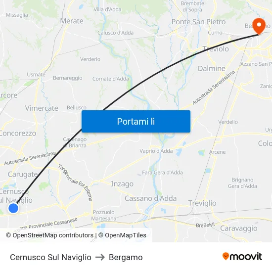 Cernusco Sul Naviglio to Bergamo map