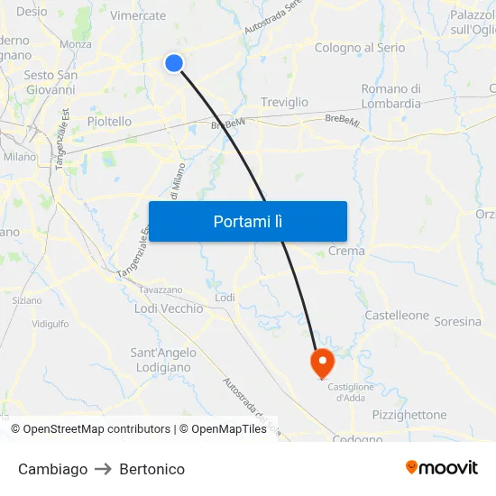 Cambiago to Bertonico map