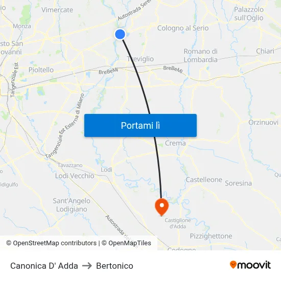 Canonica D' Adda to Bertonico map