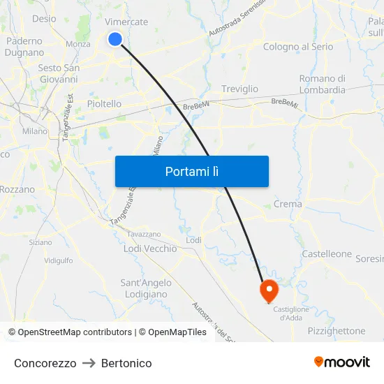 Concorezzo to Bertonico map