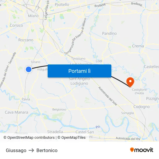 Giussago to Bertonico map