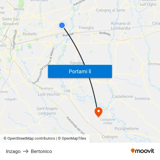 Inzago to Bertonico map