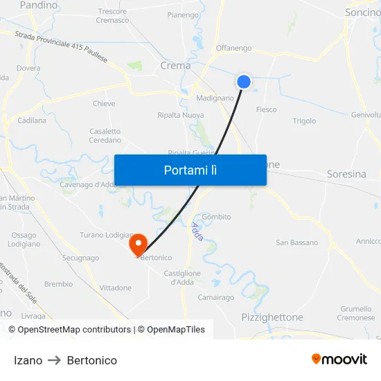 Izano to Bertonico map