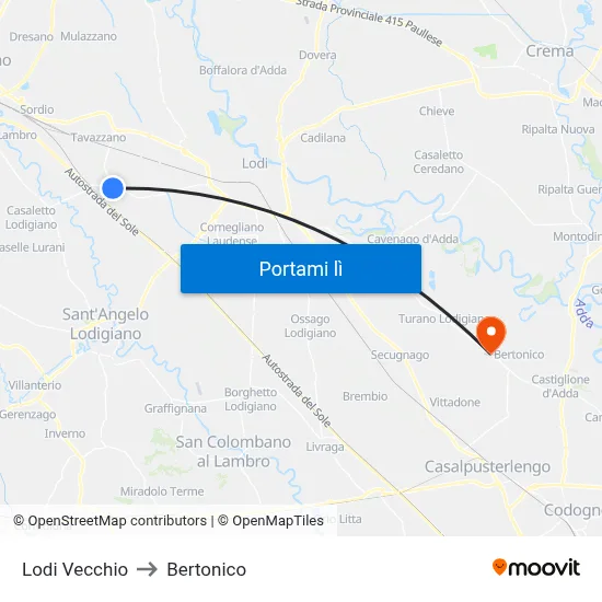 Lodi Vecchio to Bertonico map