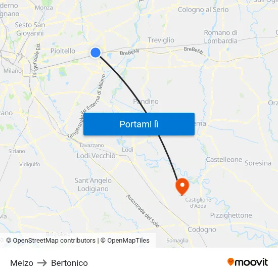 Melzo to Bertonico map