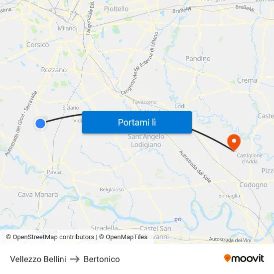 Vellezzo Bellini to Bertonico map