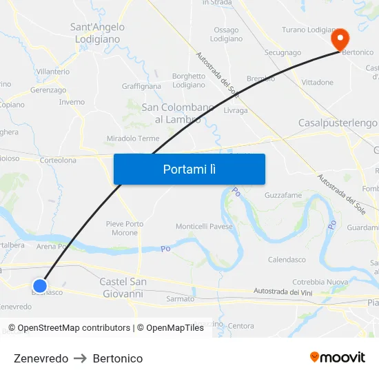 Zenevredo to Bertonico map