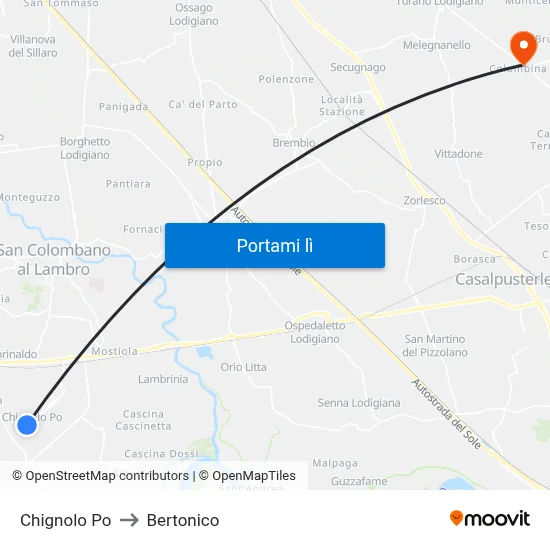 Chignolo Po to Bertonico map