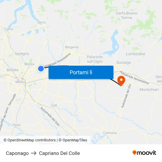 Caponago to Capriano Del Colle map