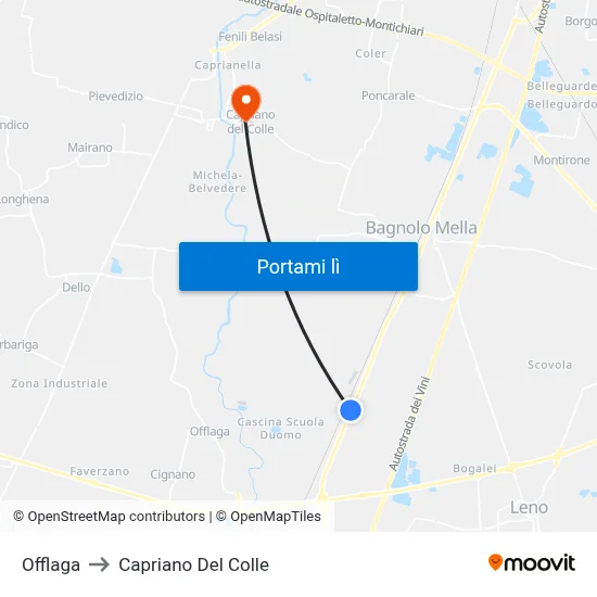 Offlaga to Capriano Del Colle map