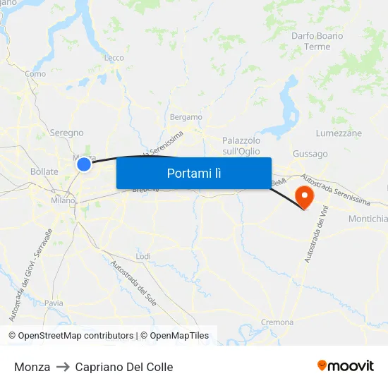 Monza to Capriano Del Colle map