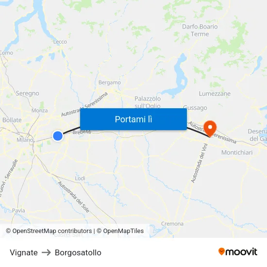 Vignate to Borgosatollo map