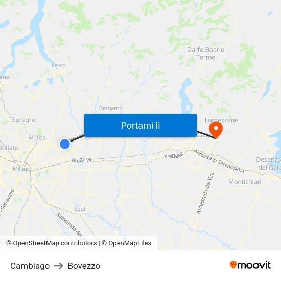 Cambiago to Bovezzo map