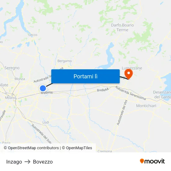 Inzago to Bovezzo map