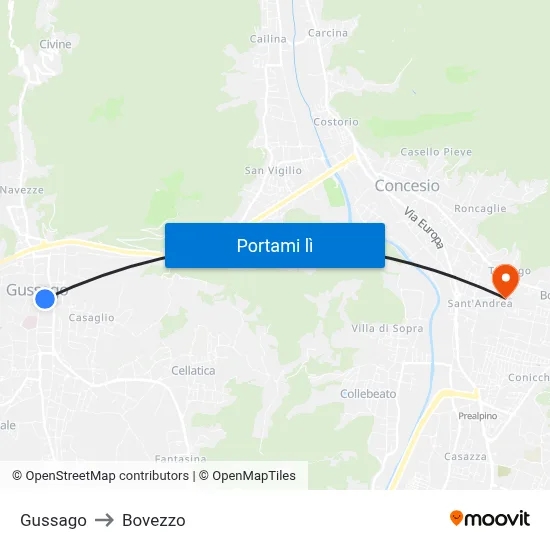 Gussago to Bovezzo map