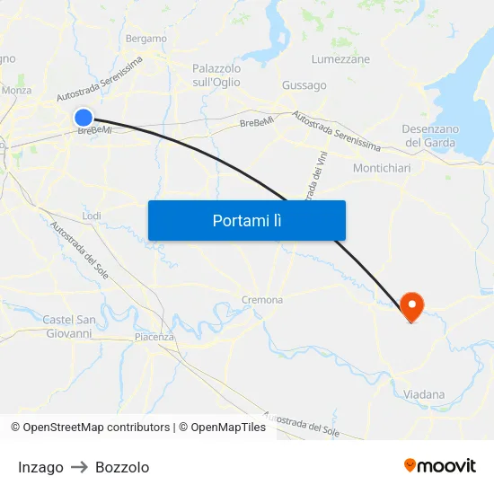 Inzago to Bozzolo map