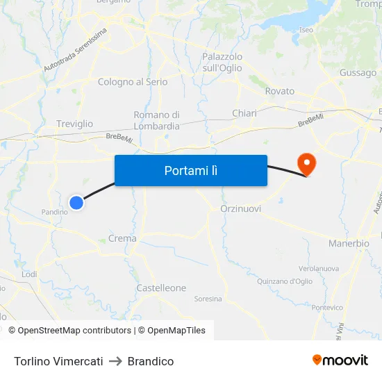 Torlino Vimercati to Brandico map