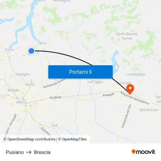 Pusiano to Brescia map