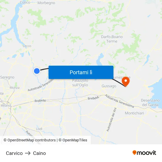 Carvico to Caino map
