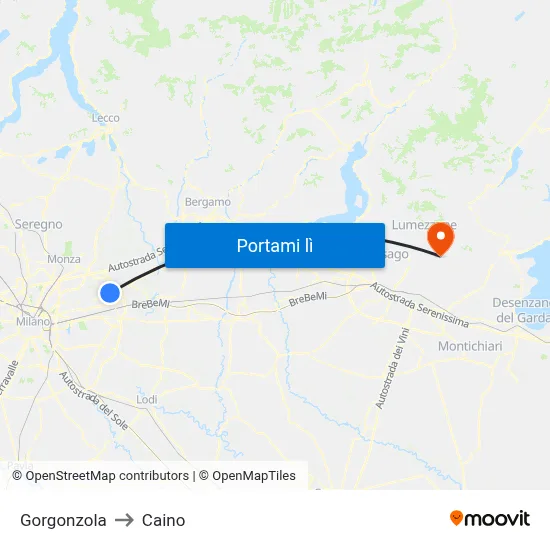 Gorgonzola to Caino map