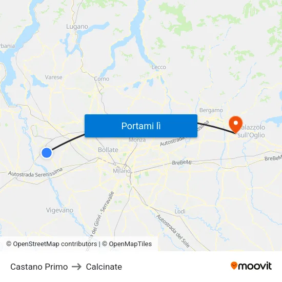 Castano Primo to Calcinate map