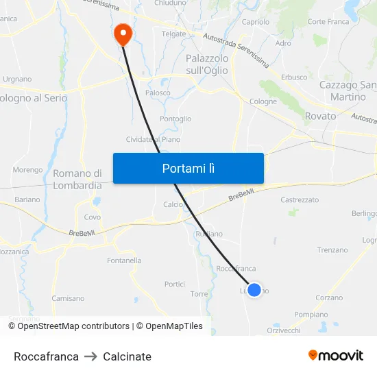 Roccafranca to Calcinate map