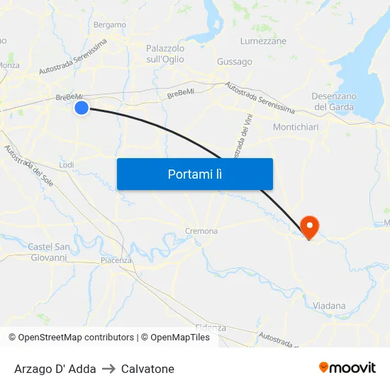 Arzago D' Adda to Calvatone map