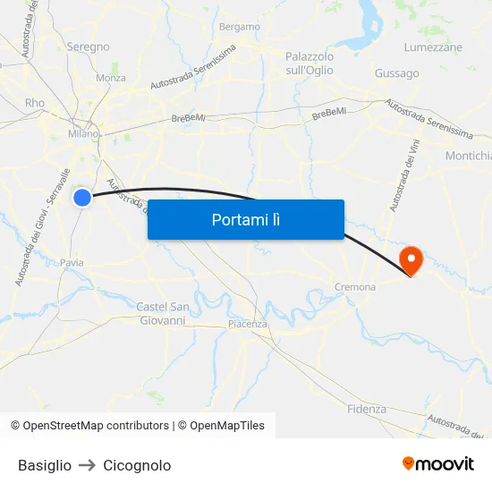 Basiglio to Cicognolo map