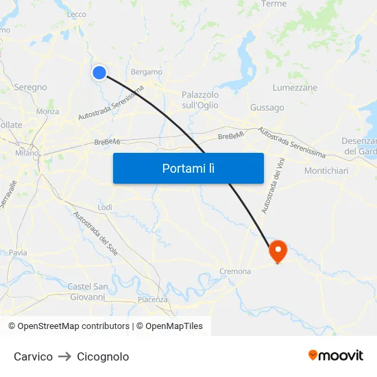 Carvico to Cicognolo map