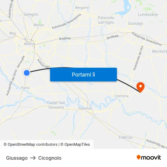 Giussago to Cicognolo map