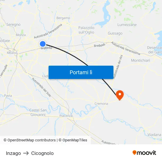 Inzago to Cicognolo map