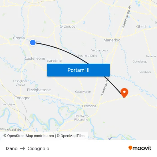 Izano to Cicognolo map