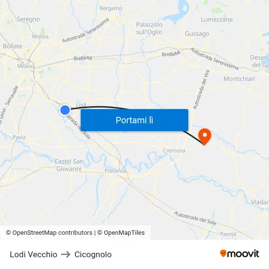 Lodi Vecchio to Cicognolo map