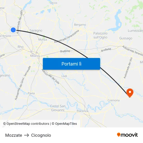 Mozzate to Cicognolo map