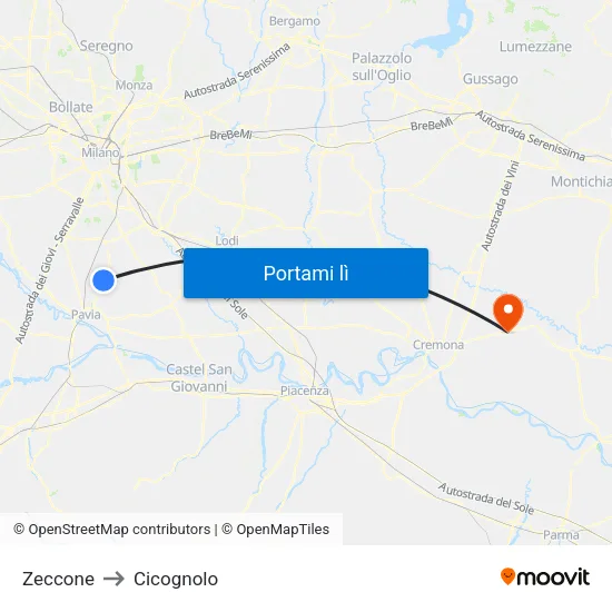 Zeccone to Cicognolo map
