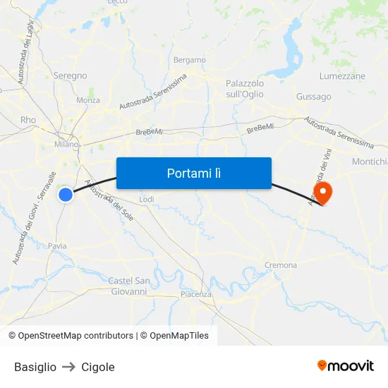 Basiglio to Cigole map
