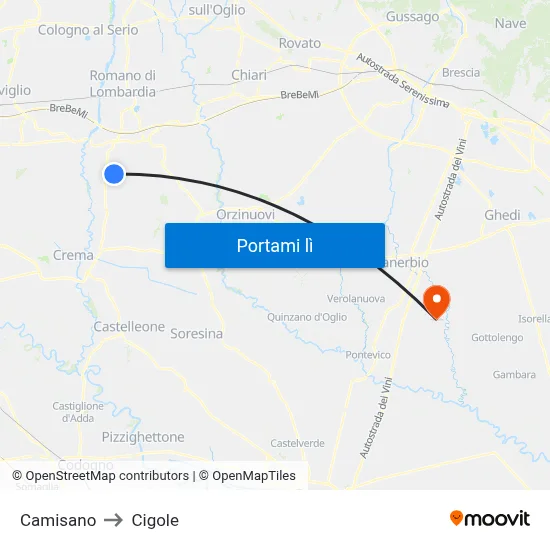 Camisano to Cigole map