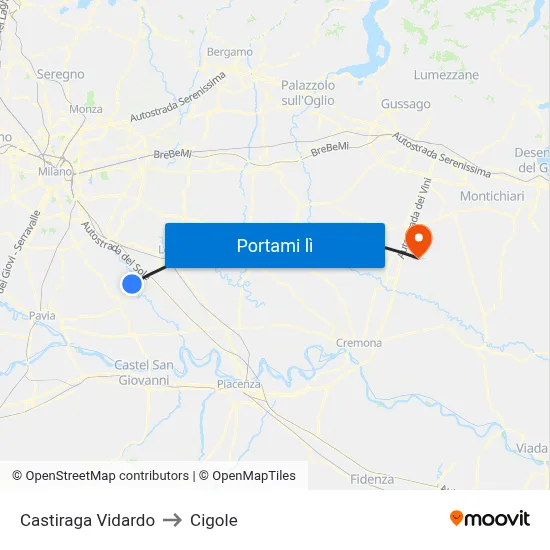 Castiraga Vidardo to Cigole map