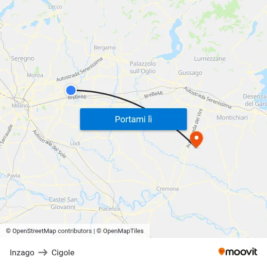 Inzago to Cigole map