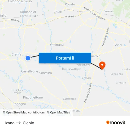 Izano to Cigole map