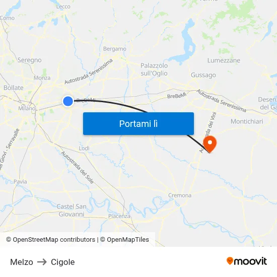 Melzo to Cigole map