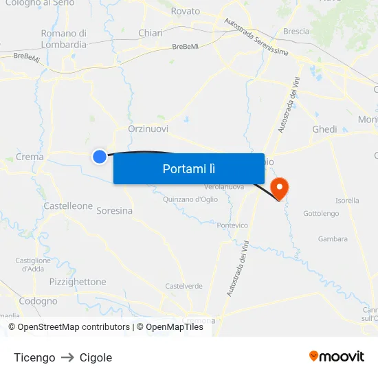 Ticengo to Cigole map